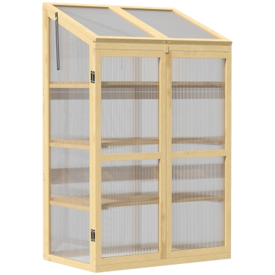 Outsunny Mini serre de jardin en polycarbonate cadre en bois 3 étagères dim. 80L x 50l x 130H cm double porte toit ouvrant bois de sapin lasuré marron