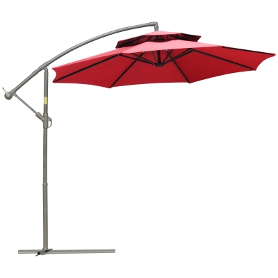 Outsunny Parasol déporté octogonal double toit inclinable manivelle avec pied en croix acier polyester Ø 2,67 x 2,65H m rouge