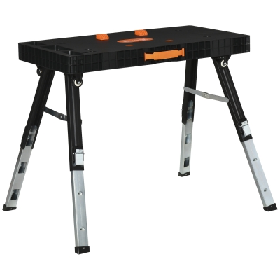 DURHAND Banco de Trabajo 5 en 1 Mesa de Trabajo con Altura Ajustable en 3 Niveles Patas Retráctiles 4 Ruedas Carga 150 kg Como Caballete de Sierra para Taller Garaje 105x74x80 cm Negro