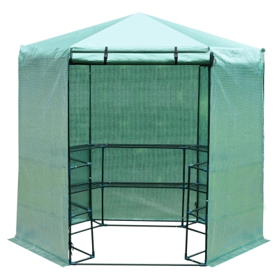 Outsunny Sechseck-Foliengewächshaus mit Regalen PE+Stahl Dunkelgrün 2,25 x 1,94 x 2,15 m