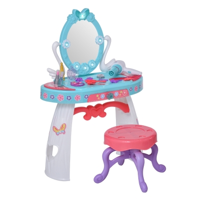 HOMCOM Kinderschminktisch Frisiertisch mit Hocker 5 Musikstücke Licht Mädchen Kosmetik Spiegel Infrarotsensor Blau 49,5x23,5x69,5 cm
