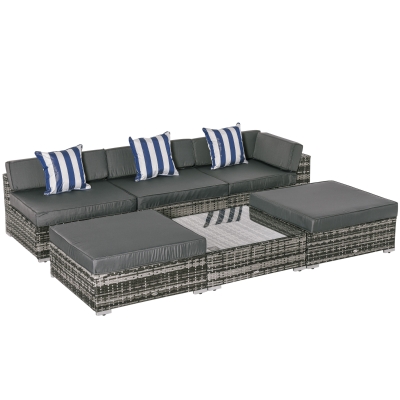 Outsunny Ensemble salon de jardin d'angle modulable 6 pièces 5 personnes résine tressée avec table basse plateau verre coussins rayés - gris