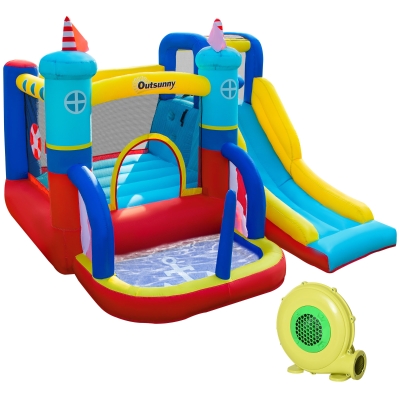 Outsunny Château Gonflable avec Toboggan Trampoline Piscine et Mur d'escalade +3 Ans avec gonfleur et Sac de Transport 265 x 260 x 200 cm Multicolore