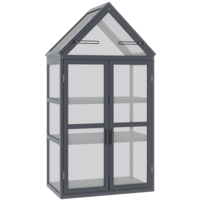 Outsunny Mini serre de jardin en polycarbonate cadre en bois 3 niveaux dim. 70,5L x 42l x 132H cm double porte aération réglables - gris