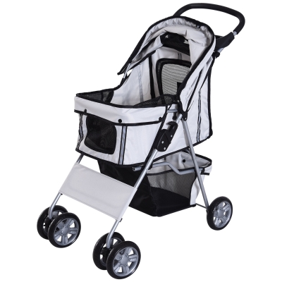 PawHut Cochecito Plegable Mascotas Carrito para Perros Gatos con Cuatro Ruedas Cesta de Almacenaje Ventanas y Portavasos Tela Oxford Marco de Acero 75x45x97 cm Gris