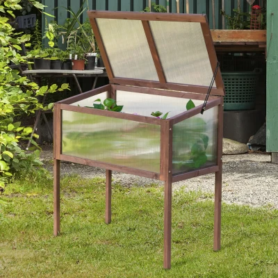 Outsunny 90x50x93cm Square Wooden Greenhouse for Plants Outdoor with Openable & Tilted Top Cover, Brown