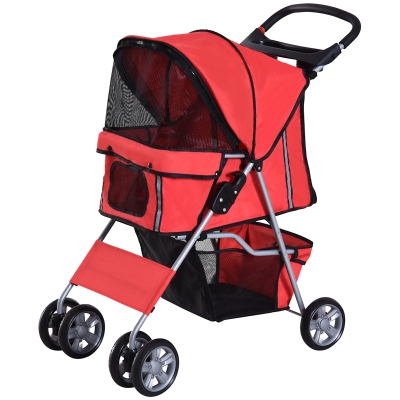 PawHut Cochecito Plegable Mascotas Carrito para Perros Gatos con Cuatro Ruedas Cesta de Almacenaje Ventanas y Portavasos Tela Oxford Marco de Acero 75x45x97 cm Rojo