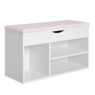 HOMCOM Wooden Shoes Cabinet Bench Hidden Storage Padded Seat Organiser Footwear Rack Hallway White Pink 80 x 30 x 47 cm