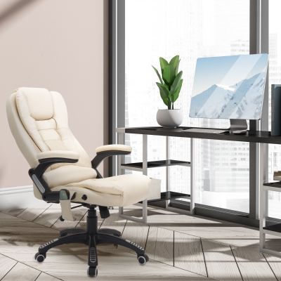 Homcom Fotoliu de Birou cu Masaj in Piele Sintetica, Beige, 62x68x111-121cm