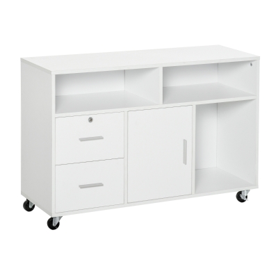 HOMCOM Mobile File Cabinet Home Office Lateral Filing Cabinet, Printer Stand with Open Shelves, Storage Organizer with Lockable Drawer, White