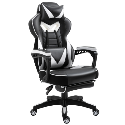 Vinsetto PU Leather Ergonomic Racing Gaming Office Chair Retractable Footrest Gaming Chair w/ Pillows Wheels Headrest Home Office White/Black