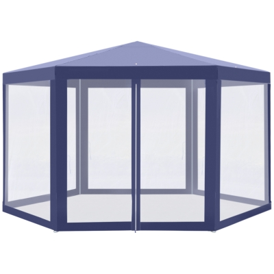 Outsunny Gazebo Esagonale da giardino Struttura in Ferro con 6 Zanzariere, Blu/Bianco,195x250x197cm
