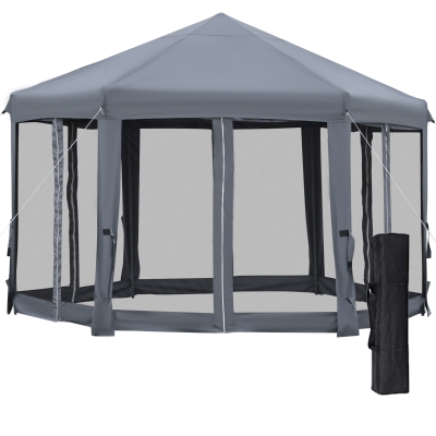Outsunny 3.2m Pop Up Gazebo Hexagonal Canopy Tent Outdoor Mesh Sidewalls Bag Dark Grey