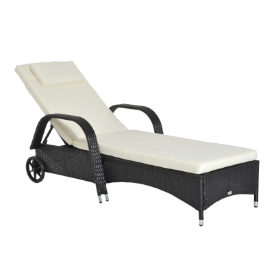 Outsunny Espreguiçadeira de Vime Jardim Espreguiçadeira com Encosto Ajustável em 5 Posições Almofadas Acolchoadas Apoio para a Cabeça e 2 Rodas 200x73x30-103cm Preto e Bege