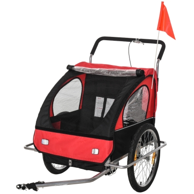 HOMCOM Remolque de Bicicleta para Niños de 2 Plazas con Amortiguadores Convertible en Carro para Correr con Barra y Kit de Footing 129x85x105cm Rojo