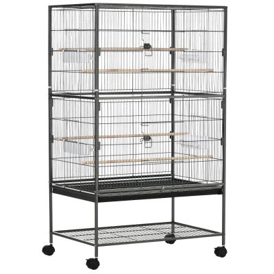 PawHut Gabbia per Uccelli da Interni in Legno con Vassoio, 4 Ruote e Trespolo, 78x52x132cm