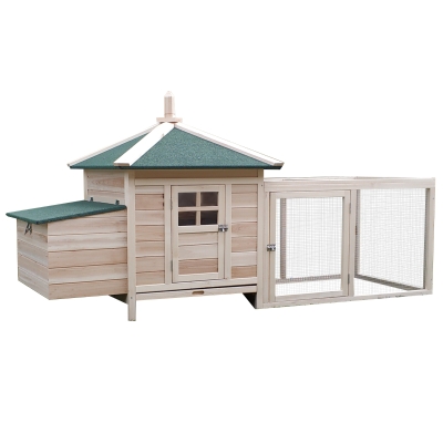 PawHut Gallinero de Madera de Abeto Refugio Jaula para Gallinas Pollos Exterior con Caja Nido Bandeja Extraíble y Espacio para Correr 196x76x97 cm Natural