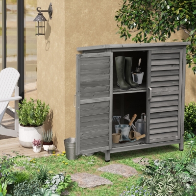 Outsunny Armário de Armazenamento de Madeira para Jardim com 2 Prateleiras Interiores 2 Portas e Teto Inclinado para Exterior Terraço 87x46,5x96,5cm Cinza