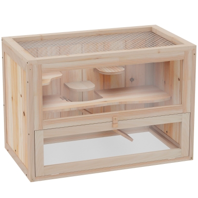 PawHut Jaula de Madera para Hámster Ratoncillos y otros Roedores pequeños Casa para Animales de 2 Niveles 60x35x42cm