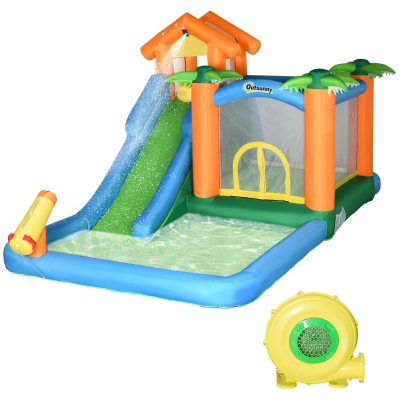 Outsunny Castillo Hinchable con Tobogán Cama de Salto y Piscinas para Niños +3 Años con Inflador y Bolsa de Transporte para Interior Exterior 550x285x260 cm Multicolor
