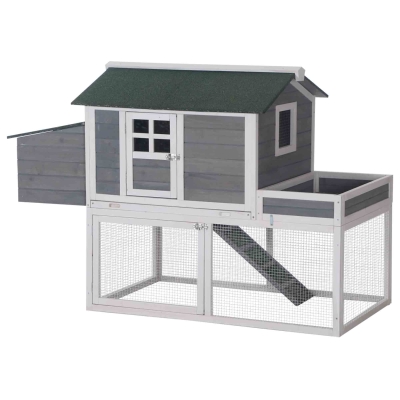 PawHut Gallinero Exterior de Madera Recinto con Nido y Corral Bandeja Extraíble Ventana de Malla Rampa Área de Cultivo 160x80x110 cm Gris y Blanco