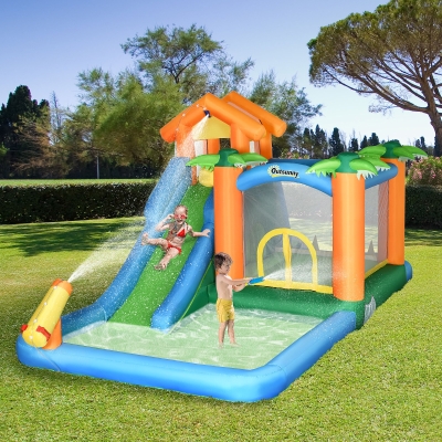 Outsunny Castillo Hinchable con Tobogán Cama de Salto y Piscinas para Niños +3 Años con Inflador y Bolsa de Transporte para Interior Exterior 550x285x260 cm Multicolor