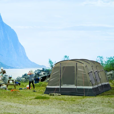 Outsunny Tenda de Campismo Familiar 6 Pessoas Tenda Campismo Impermeável PU3000mm com 3 Portas 6 Janelas Bolsos de Arrumação e Bolsa de Transporte 455x320x215cm Verde
