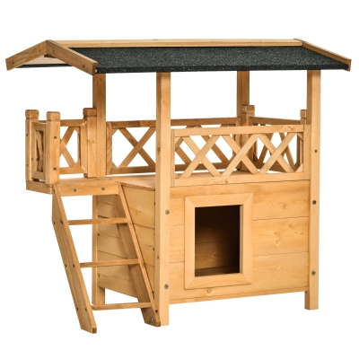 PawHut Katzenhaus mit Asphaltdach, 2-stöckig, Katzenhütte mit Balkon, Katzenvilla mit Treppe, Massivholz, Natur, 77 x 50 x 73 cm