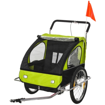 HOMCOM Remolque de Bicicleta para Niños de 2 Plazas con Amortiguadores Convertible en Carro para Correr con Barra y Kit de Footing 129x85x105cm