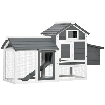 PawHut Galinheiro de Madeira para Exterior Gaiola para 2-3 Galinhas com Cercado de Arame Teto Abatível Caixa Ninho Bandeja Removível e Rampa 150,5x54x87cm Cinza e Branco