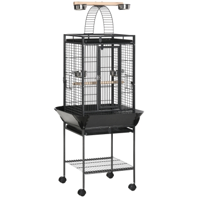 PawHut Jaula para Pájaros con Soporte y Ruedas 62,5x62,5x156 cm Jaula Metálica de Aves Canarios con Puente de Arco 2 Perchas 4 Comederos 2 Bandejas Extraíbles y Estante Inferior Gris