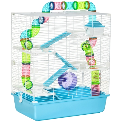 PawHut Jaula para Hámster Grande 59x36x69 cm Casa para Hámster con 4 Plataformas Tubos Comedero Bebedero 4 Rampas Rueda de Ejercicio y 2 Asas Portátiles Azul y Blanco