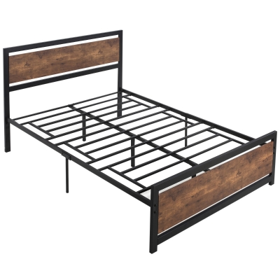 HOMCOM Cadru Pat de o persoana din Lemn si Otel cu Sipci in Stil Industrial, 140x200cm, Negru / Maro Rustic
