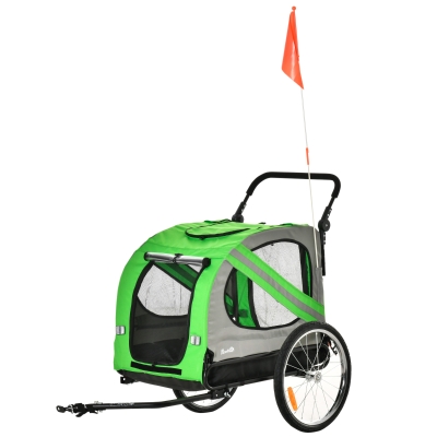 PawHut Remolque de Bicicleta Perros 2 en 1 Carrito Transporte para Mascotas con Puertas Enrollables Ventanas Cinturón de Seguridad Bandera y 6 Reflectores 134x73x108 cm Verde