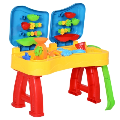 HOMCOM Kinder Sand- und Wasserspieltisch Sandspielzeug, Sandkastentisch mit 31-tlg. Zubehör, Spieltisch, Strandspielzeug, ab 3 Jahren, PP, 73 x 35 x 70 cm