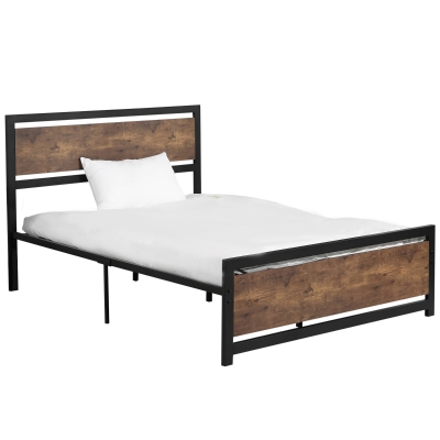 HOMCOM Cadru Pat de o persoana din Lemn si Otel cu Sipci in Stil Industrial, 140x200cm, Negru / Maro Rustic