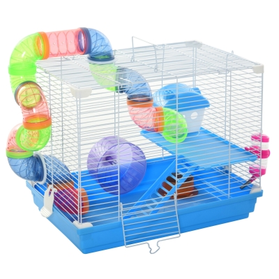 PawHut Jaula para Hámster 46x30x37 cm Casa para Hámster con Tubos Comedero Bebedero Rampa Rueda de Ejercicio y Asa Portátil para Interior y Exterior Azul y Blanco