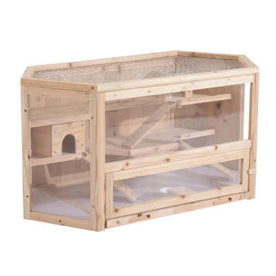 PawHut Kleintierkäfig mit Rampe 115 cm x 60 cm x 55 cm, Wippe Tannenholz Natur