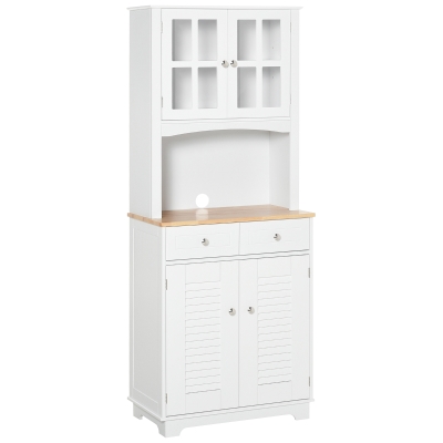 HOMCOM Aparador Cocina Armario Auxiliar Alacena con 2 Armarios de Puertas 2 Cajones y Estante Abierto para Microondas 68x39,5x170 cm Blanco