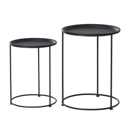 Outsunny Beistelltisch, 2er Set, Gartentisch Couchtisch, Kaffeetisch mit erhöhten Kanten, Wohnzimmer, Metall Schwarz, Ø39/Ø33 x H39 cm