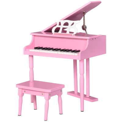 HOMCOM Piano de Cola Infantil con 30 Teclas Taburete y Atril de Partituras Piano para Niños de MDF Instrumento Musical Didáctico 52x50x49 cm Rosa
