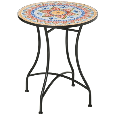 Outsunny Bistro-Gartentisch in Mosaik-Optik, Keramik+Metall, Rot+Blau+Weiß, Φ60 x 71 cm