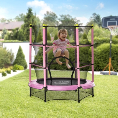 HOMCOM Trampolín para Niños de +3 Años Cama Elástica de Salto Infantil con Red de Seguridad y Marco Acero para Interiores y Exteriores Carga 45 kg 140x140x160 cm Rosa
