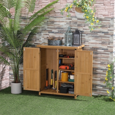 Outsunny Armário de Madeira de Jardim 75x40x90cm 0,24m² para Armazenamento de Ferramentas com 2 Portas 4 Prateleiras e Teto Galvanizado para Exterior Terraço Natural