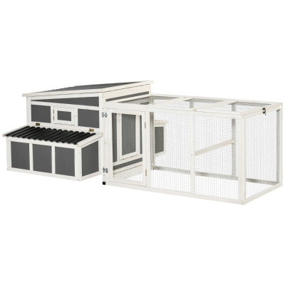 PawHut Gallinero de Madera para Exterior 225x147x85,5 cm Jaula para 6-8 Gallinas con Corral de Alambre Techo y Ventana Abatibles 2 Nidos Bandeja Extraíble y Rampa Gris y Blanco