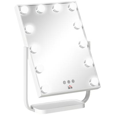 HOMCOM Espejo de Maquillaje Espejo Iluminado de Mesa con 12 Luces LED 3 Temperaturas de Color Pantalla Táctil Ajustable y Función de Memoria para Dormitorio Baño 32,8x11x47,4 cm Blanco