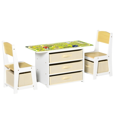 HOMCOM Juego de Mesa 3 en 1 y 2 Sillas Infantil de Madera con 5 Cajones Tejidos de Almacenaje Mesa de Actividades para Bloques de Construcción y con Mapa de Ruta Color Natural