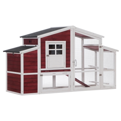 PawHut Gallinero con Ponedero Techo Abatible y Nido Rampa Zona Exterior para Jardín de Madera de Abeto 201x75x117 cm Rojo y Blanco