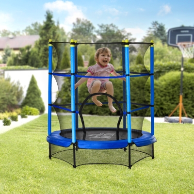 HOMCOM Trampolín para Niños de +3 Años Cama Elástica de Salto Infantil con Red de Seguridad y Marco Acero para Interiores y Exteriores Carga 45 kg 140x140x160 cm Azul