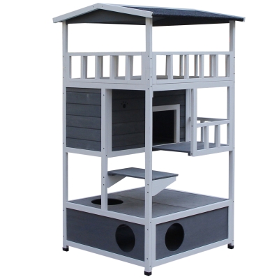 PawHut Caseta para Gatos de Madera de Abeto con Gran Espacio de 4 Pisos y Centro de Actividades 78x76x140cm
